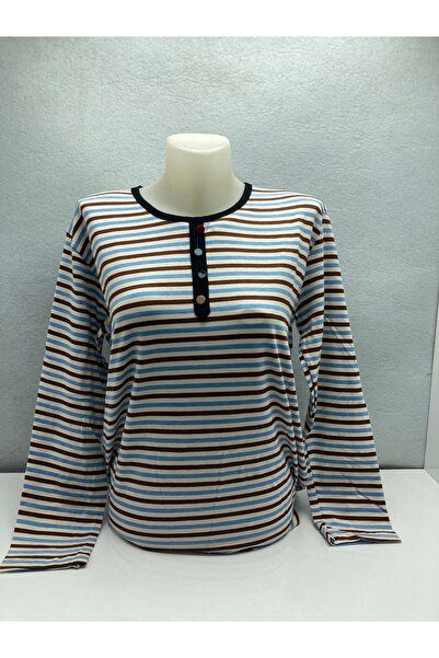LÜKS MİRAYDA Women's Crew Neck Striped Colorful Button Detailed Long Sleeve C...