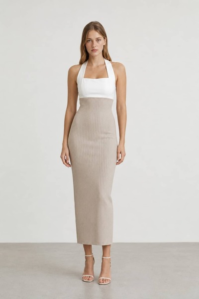 MODA Halter Yaka Çizgili Bej Midi Elbise