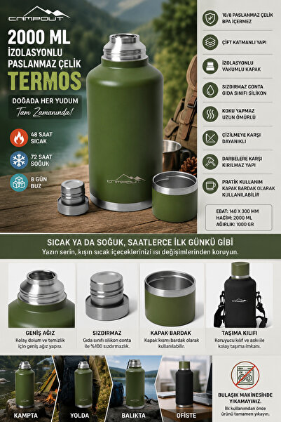 Rollino 2000ml Double Layer Steel Vacuum Camping Thermos 48 Hours Hot 72 Hour...