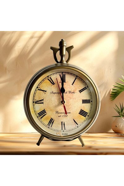 Al Athar Arts Vintage Metal Table Clock – Roman Numerals Classic Brass Decor Timepiece(H:12''W:8.5''Weight:1.400kg