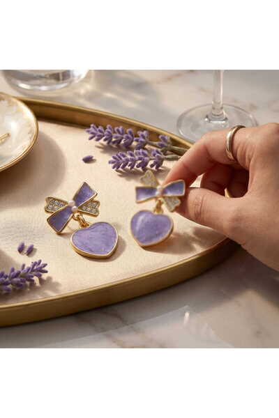 toptanhanem The Star of Combinations! Purple Color Bow Heart Earrings - Non-T...