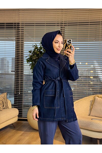 ALANURMODA 7507 Shawl Buttonless Denim Trench Dark Navy Blue