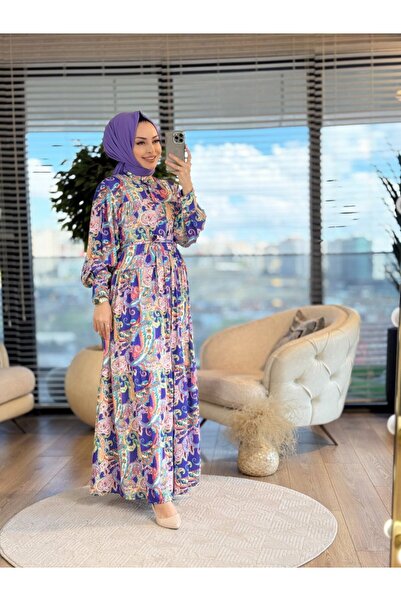 Merwishop MRW1371 فستان مغربي منقوش باللون الأرجواني