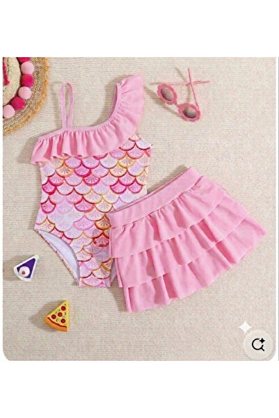 ARBİ kids Girl's Ruffled Skirted Patterned Double Stylish Pink Swimsuit