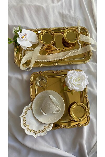 Z&B FLOWERS Ayaklı Gold Nişan Tepsisi Söz Tepsisi Damat Kahve Seti