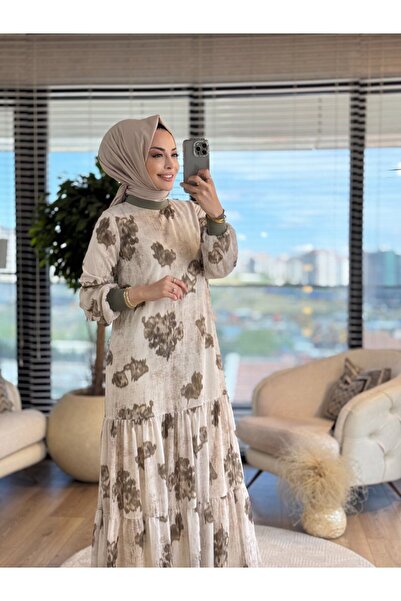 ALANURMODA 12605 فستان شيفون بطبعة مصبوغة بالكاكي