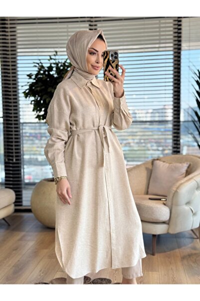 Merwishop Mrw1811 Long Linen Shirt Stone