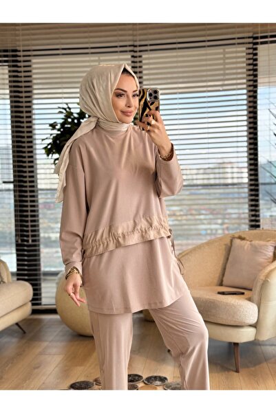 ALANURMODA 14456 بدلة بتفاصيل شريطية من الساتان في الأمام باللون البيج