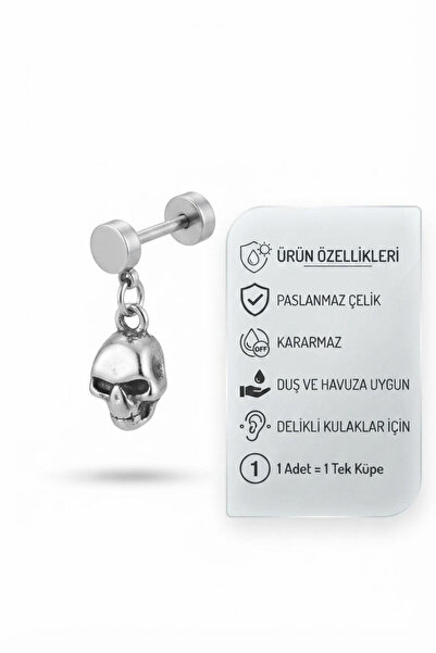 Blisse Piercing Gümüş Renk Tünel Görünümlü Kuru Kafa Figürlü Çelik Vidalı Küpe