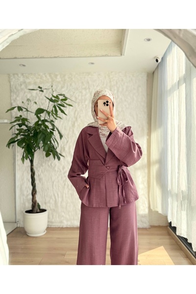 BELLASTORE Women's Dusty Rose Belted Jacket and Wide-Leg Pants Two-Piece Set
