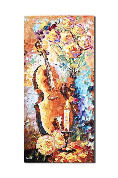 artnova Ръчно рисувана картина, Натюрморт с цигулка, рози и свещ, 80x40см, ма...