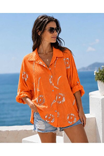 Butik Şans Women's Sequin Detailed Oversize Italian Cotton Shirt
