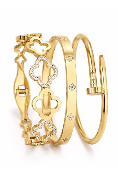 Nevara Luxury Women's 3-Piece Clover & Nail Design Bracelet Set – Gold Color ...