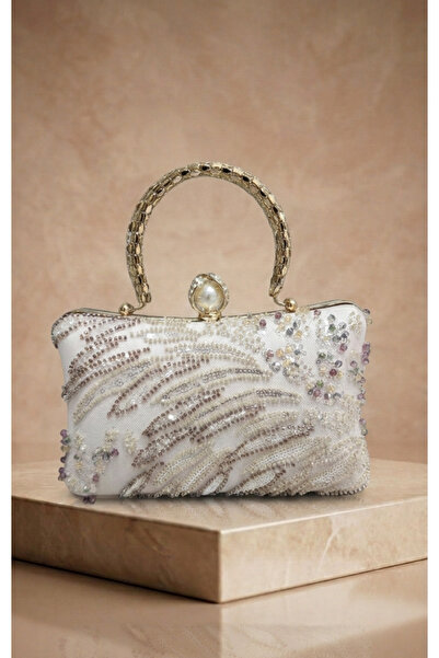 Telli Art Light Pink Pearl Gold Handle Evening Dress Women's Bag - Double Sid...