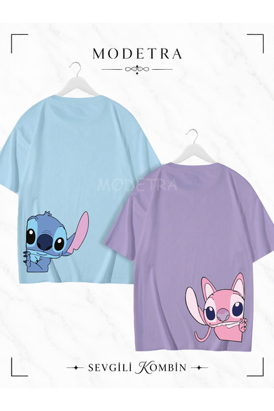 Modetra تي شيرت ملون كبير الحجم للنساء والرجال من Lilo Angel Stitch مطبوع على...