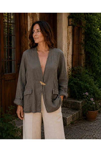 Miss Boheme Brown Color Linen Jacket with Brooch Detail