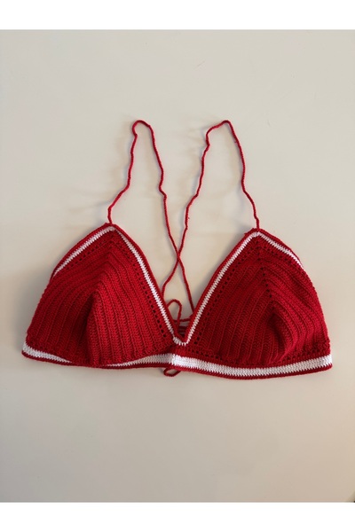 PEAKMARK El Örgüsü Kırmızı Beyaz Bikini Üst Crop