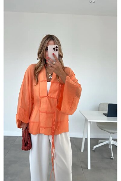 FEMMESTUDIO Women's Orange String Lace-Up Chinese Button Transparent Shirt