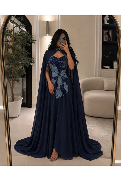 Jood Luxury Floral Embroidered Cape Evening Dress Maxi Dress