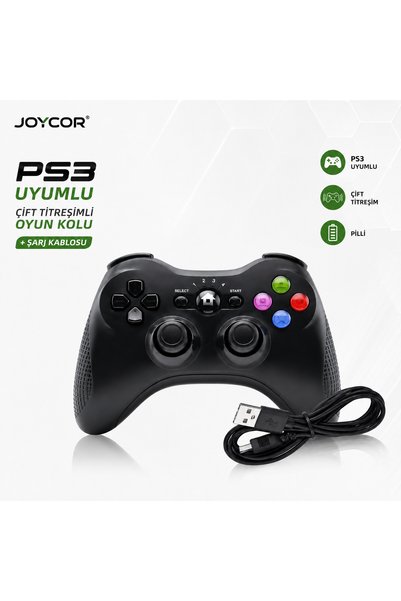 JOYCOR PS3 Uyumlu Kablosuz Oyun Kolu Çift Titreşimli Pilli Gamepad + USB Şarj...