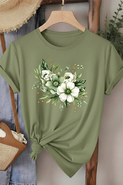 l'eivor Green Floral Printed Women's Cotton T-Shirt