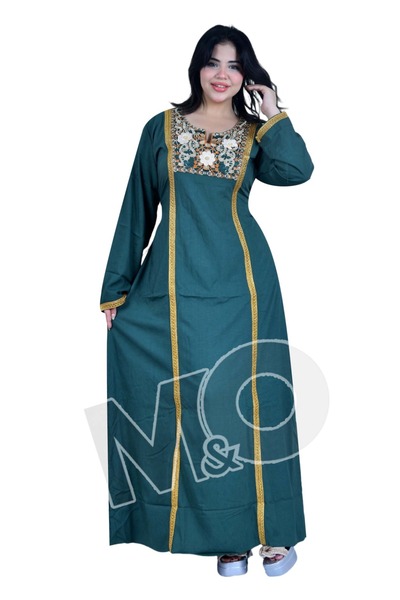M&O 2 Linen Jalabiya with Lace Trim and a Gold-Colored Ribbon on Both Sides o...