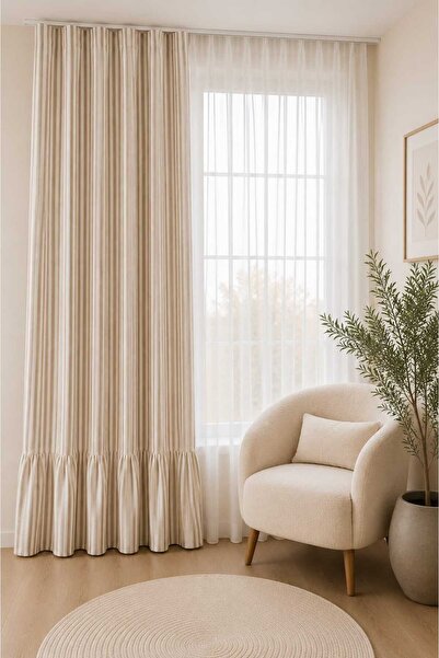 linea natura home Çizgili Kahverengi Keten Eteği Fırfırlı Bohem Natural Vinta...