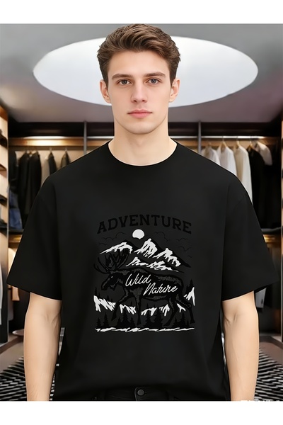 STITCHLY تيشيرتات رجالية من Adventure Wild Nature Moose برقبة دائرية وأكمام ق...