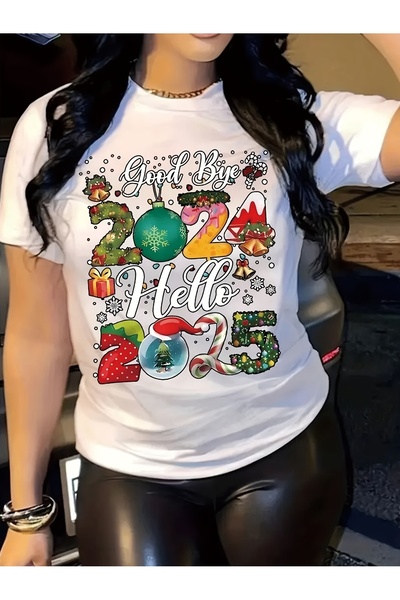 12 HERTZ تي شيرت كاجوال بطباعة "Hello Christmas" وطباعة النبيذ، ذو رقبة دائري...