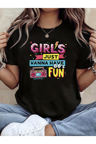 LİNA06 تي شيرت نسائي بياقة دائرية من Just Wanna Have Fun بتصميم ريترو، مطبوع ...