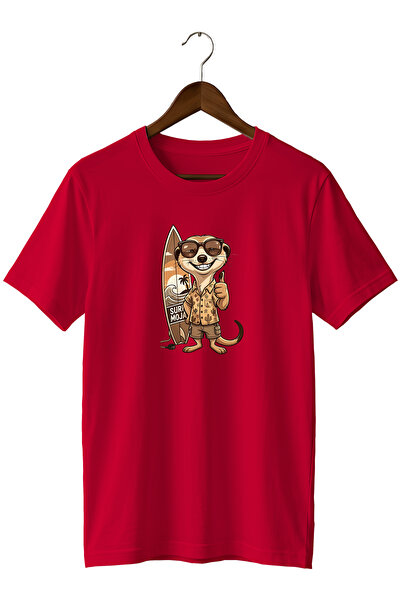 WİDİ Special Design T-Shirt Surfer with Glasses Mirkat Printed Summer T-Shirt