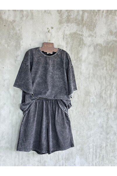 By Pakize Şehir Boy Şortlu Oversize Taş Yıkamalı Takım