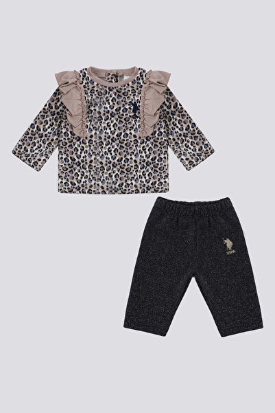 U.S. Polo Assn. طقم أطفال بتفاصيل كشكش كريمي مكون من قطعتين