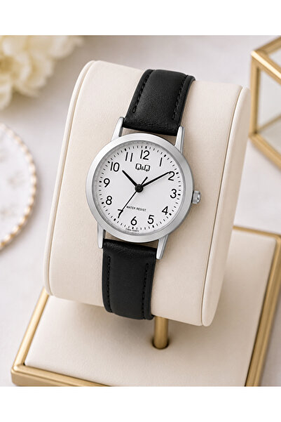 Q&Q Women's Wristwatch Silver Color Case Black Leather Strap Casual and Styli...