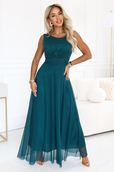 Numoco Rochie maxi lungă din tul cu decolteu rotund - verde sticlă de Petrecere