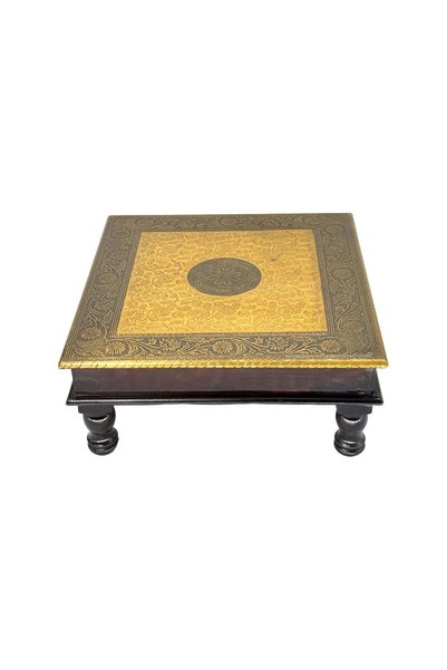 Al Athar Arts Handmade Wooden Pooja Chowki with Brass Fittings – Mango Wood Stand(W:10''D:10''H:6.25'')