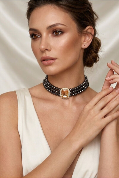 bb bridal boutique Baget Bal Stone Smoked Beaded Choker Necklace, Smoked Bead...