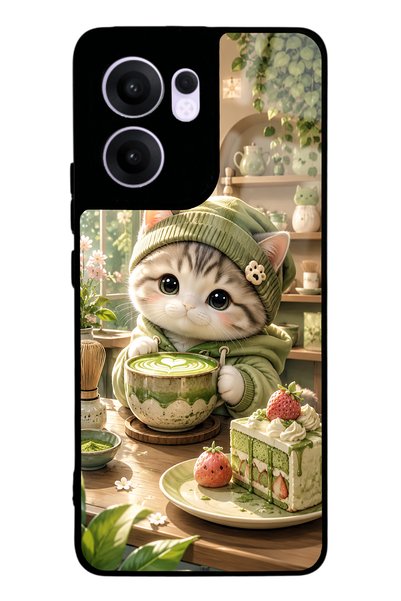 Spoyi Oppo Reno 13F Matcha Kitty Café Design Glossy Phone Case