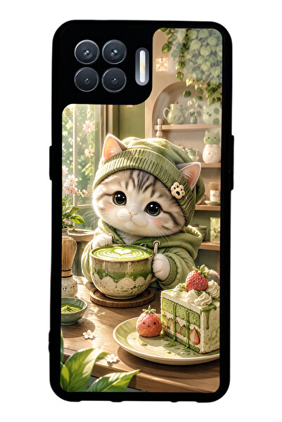 Spoyi Oppo Reno 4 Lite Matcha Kitty Café Tasarımlı Glossy Telefon Kılıfı