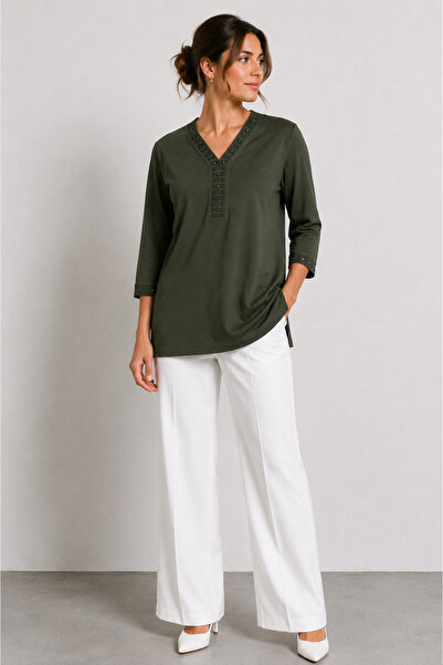 bihan store Women's V-Neck Blouse with Front Stripes and Stone Detail Y26-214...