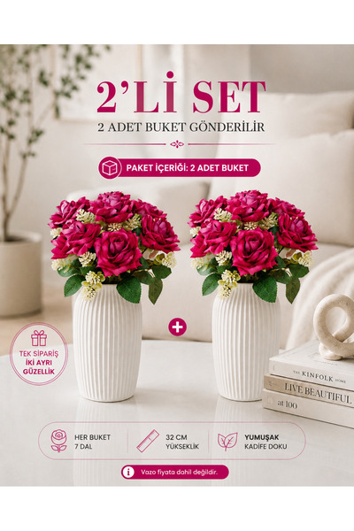 MD Aspiz Flowers 2 Demet Yapay Çiçek 7Li Lüx Fuşya Kadife Gül Demeti ( Saksıs...