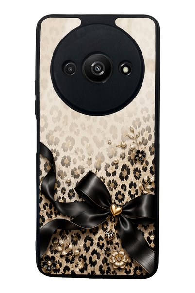 Spoyi Xiaomi Redmi A3 Golden Leopard Bow Tasarımlı Glossy Telefon Kılıfı
