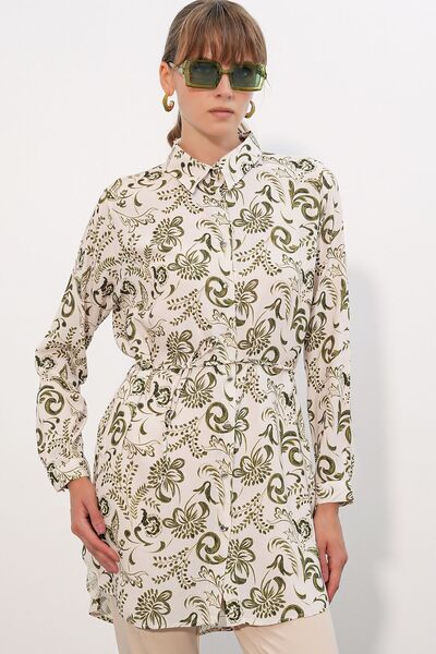 Hiccup Bdart Floral Patterned Viscose Crepe Belted Long Shirt