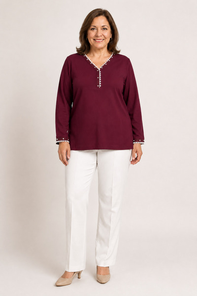 bihan store Women's V-Neck Long Sleeve Tunic Blouse with Stone and Grout Deta...