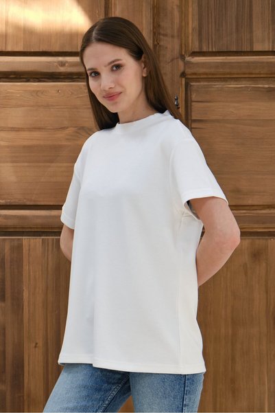 Shooter Sportswear Ecru Women's Modal Fabric Basic Oversize T-Shirt Crew Neck Casual Loose T-Shirt