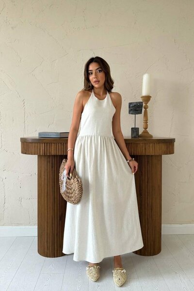 Livizmir Moda فستان كتان بيج مع جيبيه في الخلف