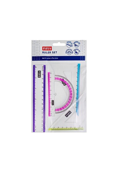 Easy Stationery Set de modele cu 4 elemente: riglă de 15 cm, echer, raportor