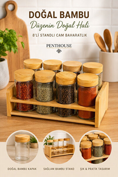 Penthouse 8-Piece Glass Spice Jar Set with Bamboo Stand and Wooden Lid Spice ...
