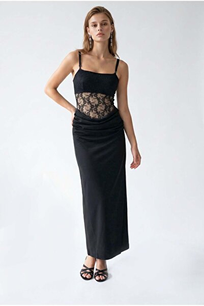 Mixray 2147 Women's Transparent Lace Strap Long Satin Dress Black