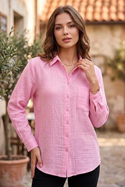 TOFİSA Tek Cepli Müslin Gömlek Pembe - 1334-PEMBE